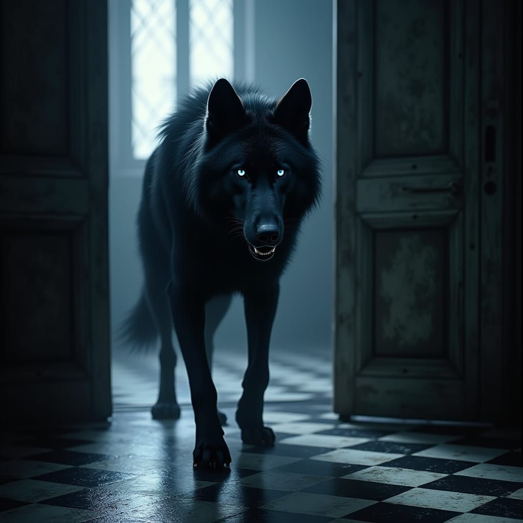 Majestic Black Wolf Enters Victorian-Era Mansion in Cyberpun...