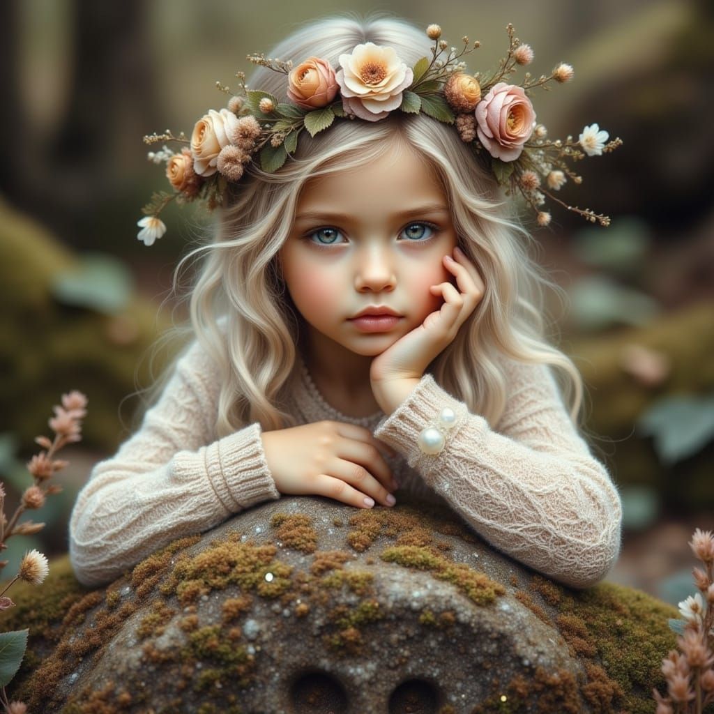 Child with Floral Crown on Mossy Stone, Photorealistic Style