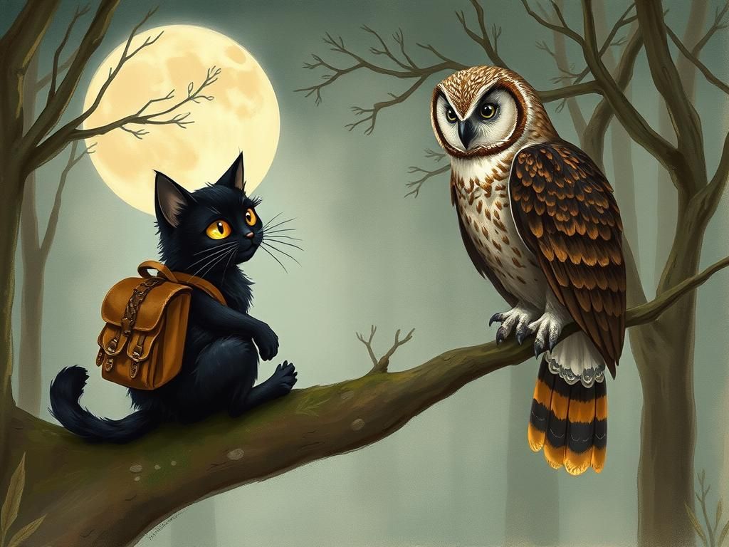 Black Cat and Eagle Owl in Moonlit Forest