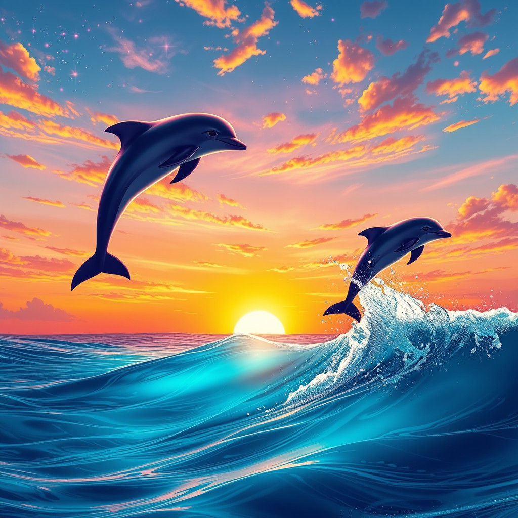 Dolphins Leaping at Sunset with Mystical Sparkles