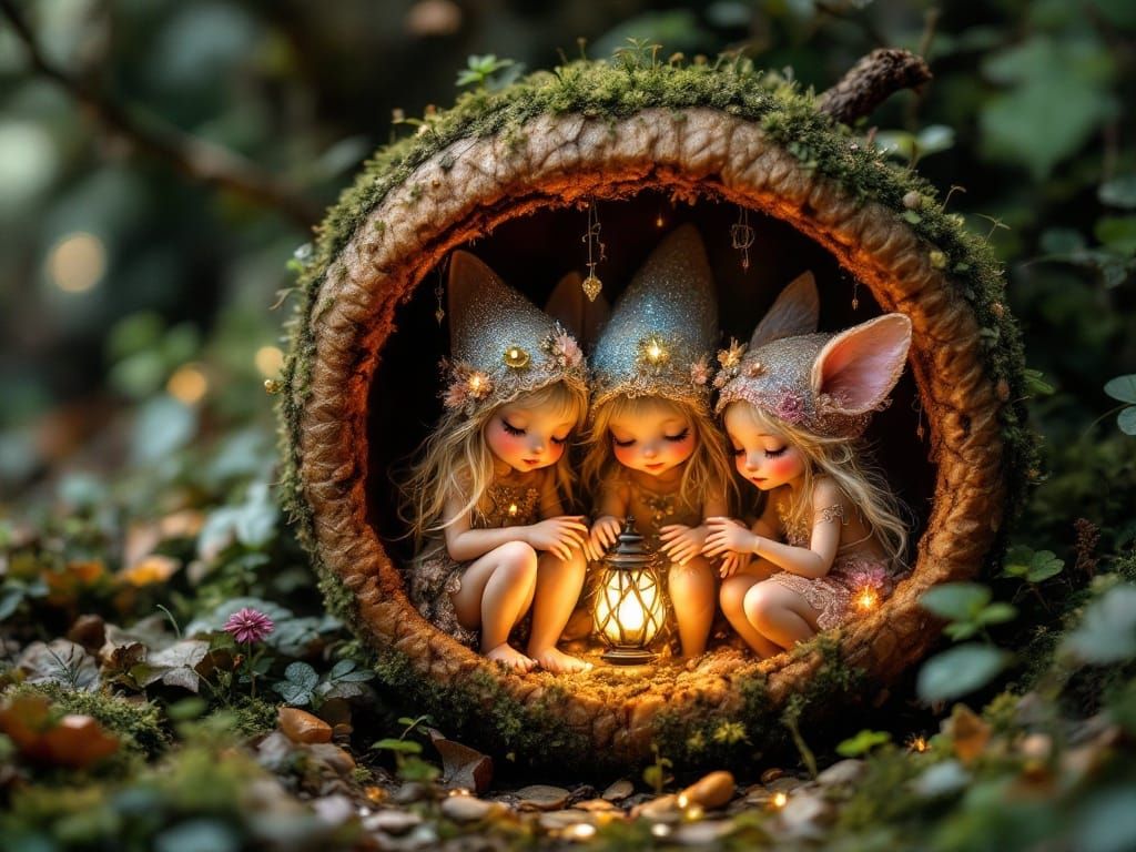 Whimsical Pixie Family in Enchanted Acorn Home