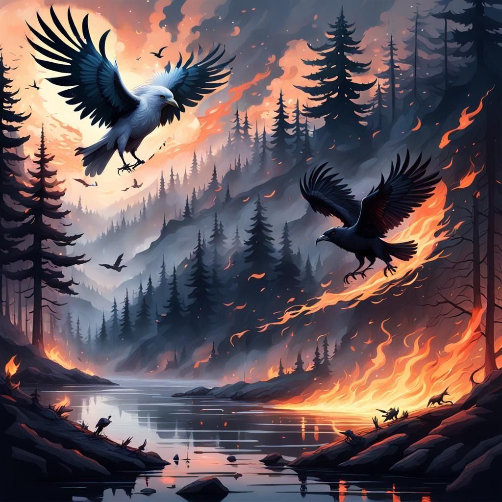 White Raven and Black Raven Flight at Dusk