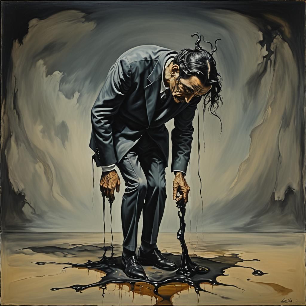 Surreal Dark Man: Melting Oil on Canvas