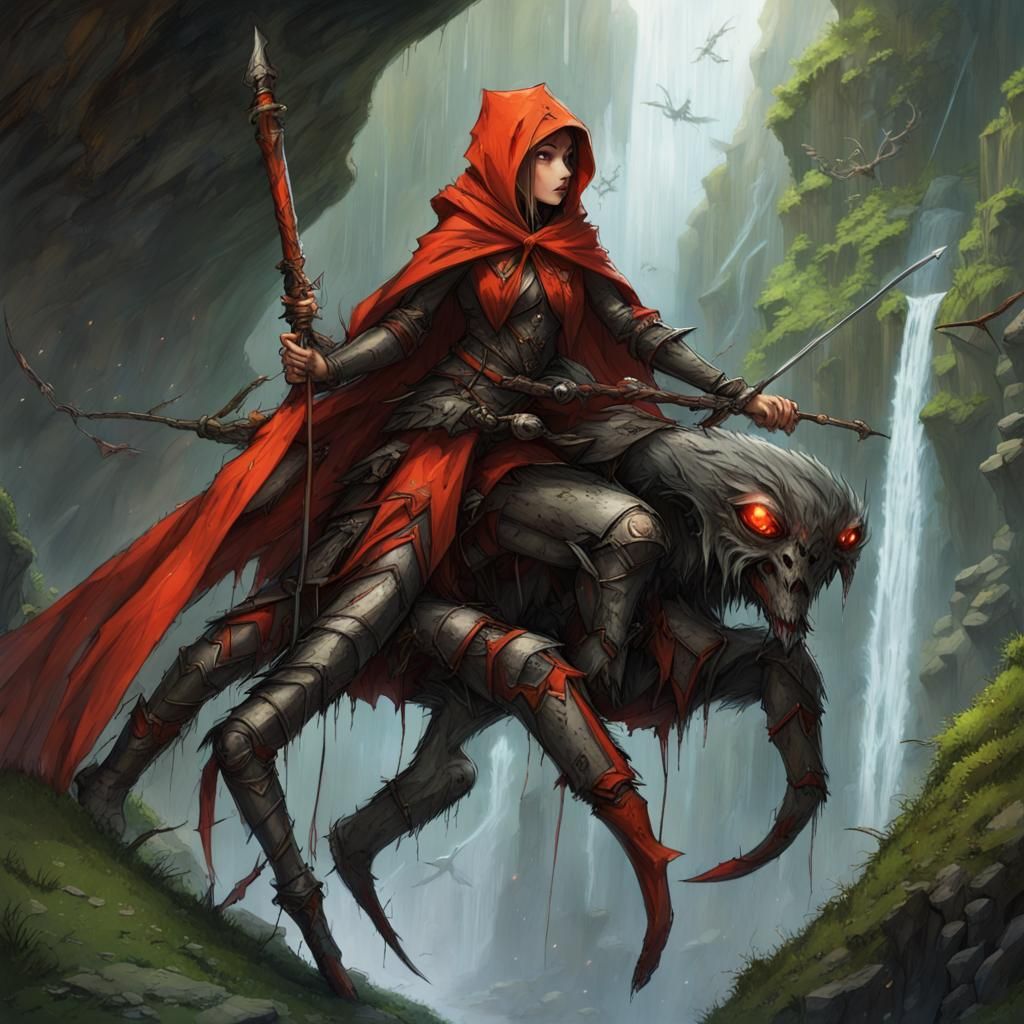Female Warrior Riding Giant Spider in Fantasy Landscape