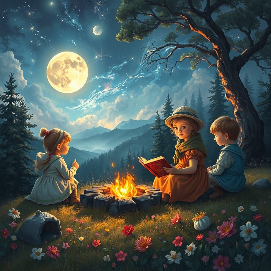 Whimsical Children Gather Around a Campfire on a Flowery Hil...