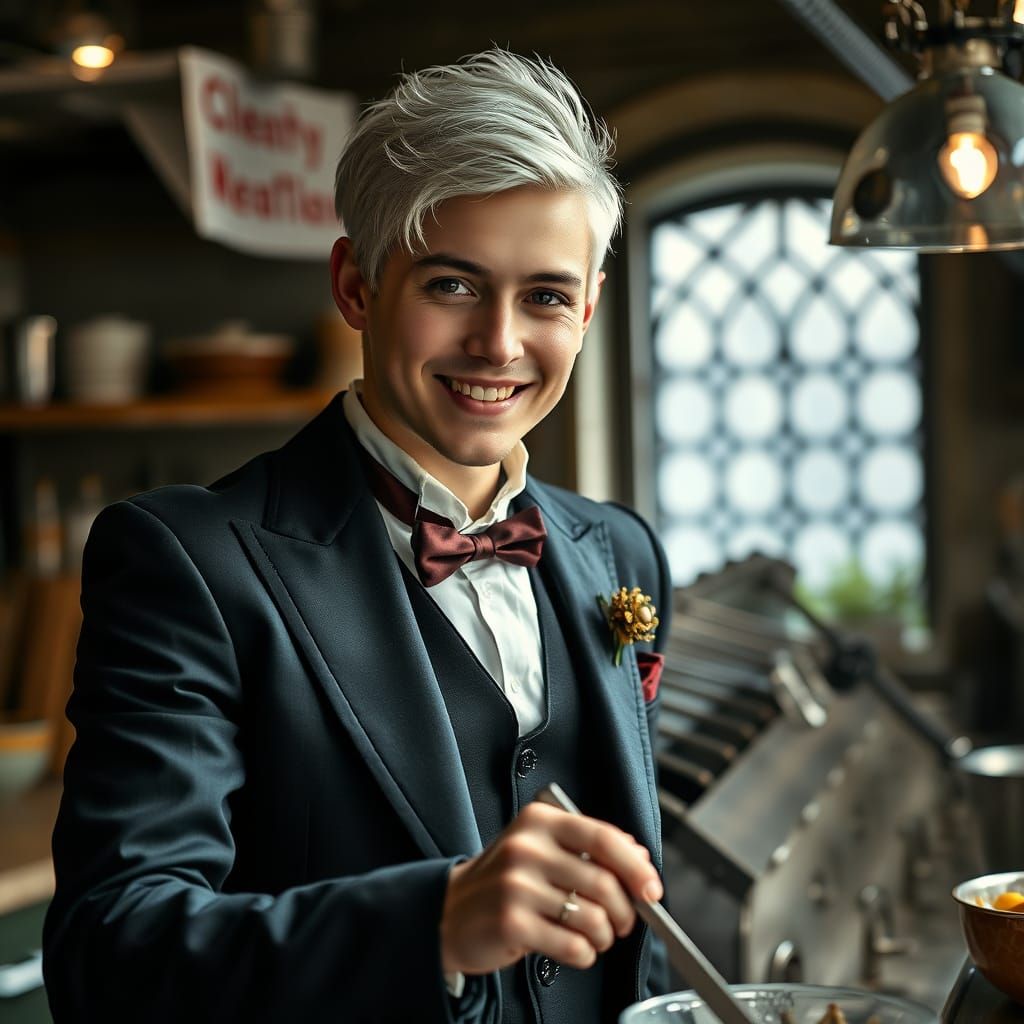 Gothic Man Cooking in Kitchen, Hyperrealistic Image