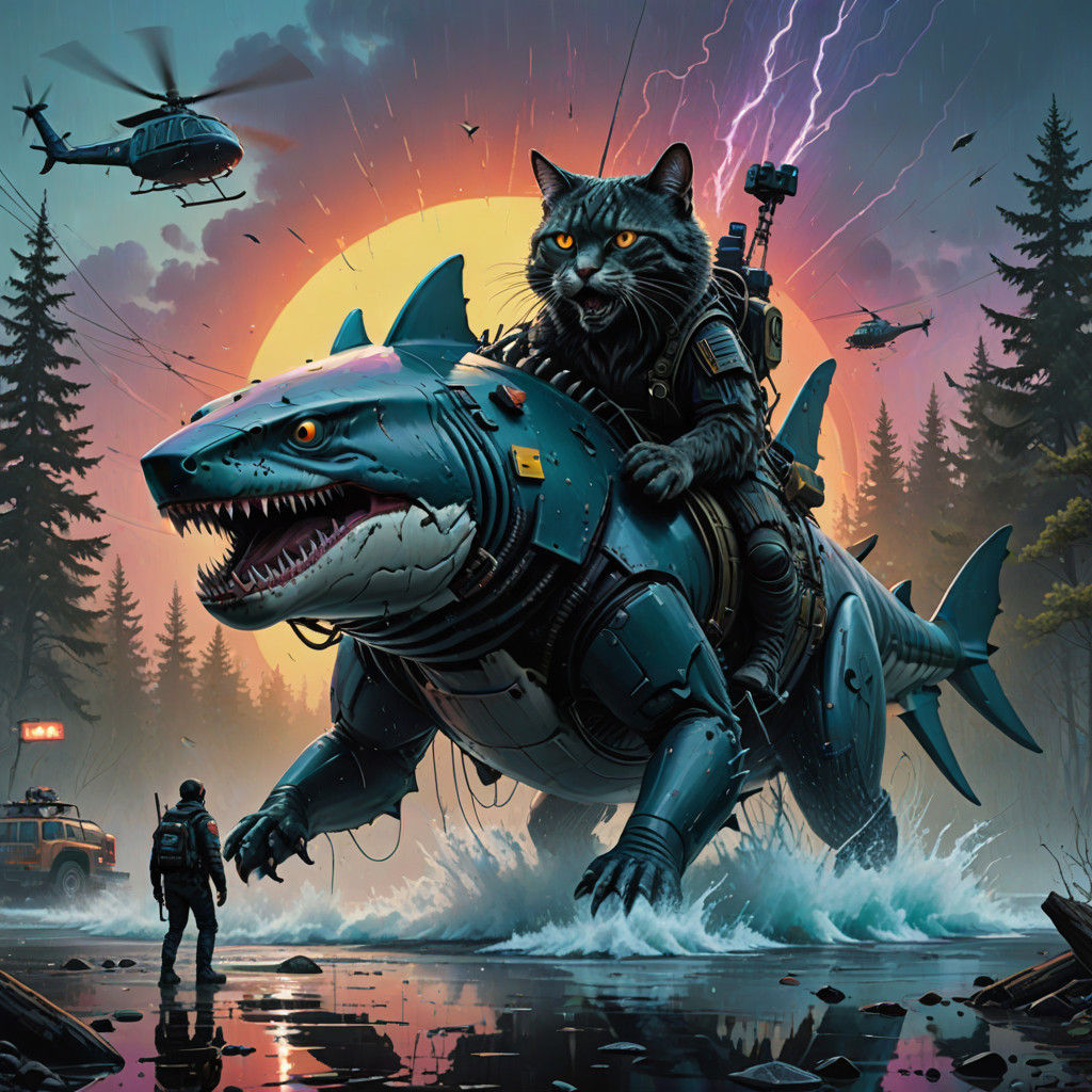 Dramatic Hyperrealistic Battle Scene in Vibrant, Rainbow Col...