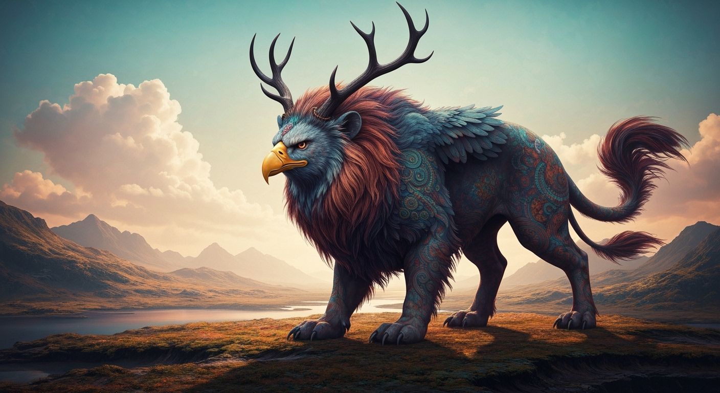 Mystical Lion-Eagle Beast with Antlers in Fantasy Landscape