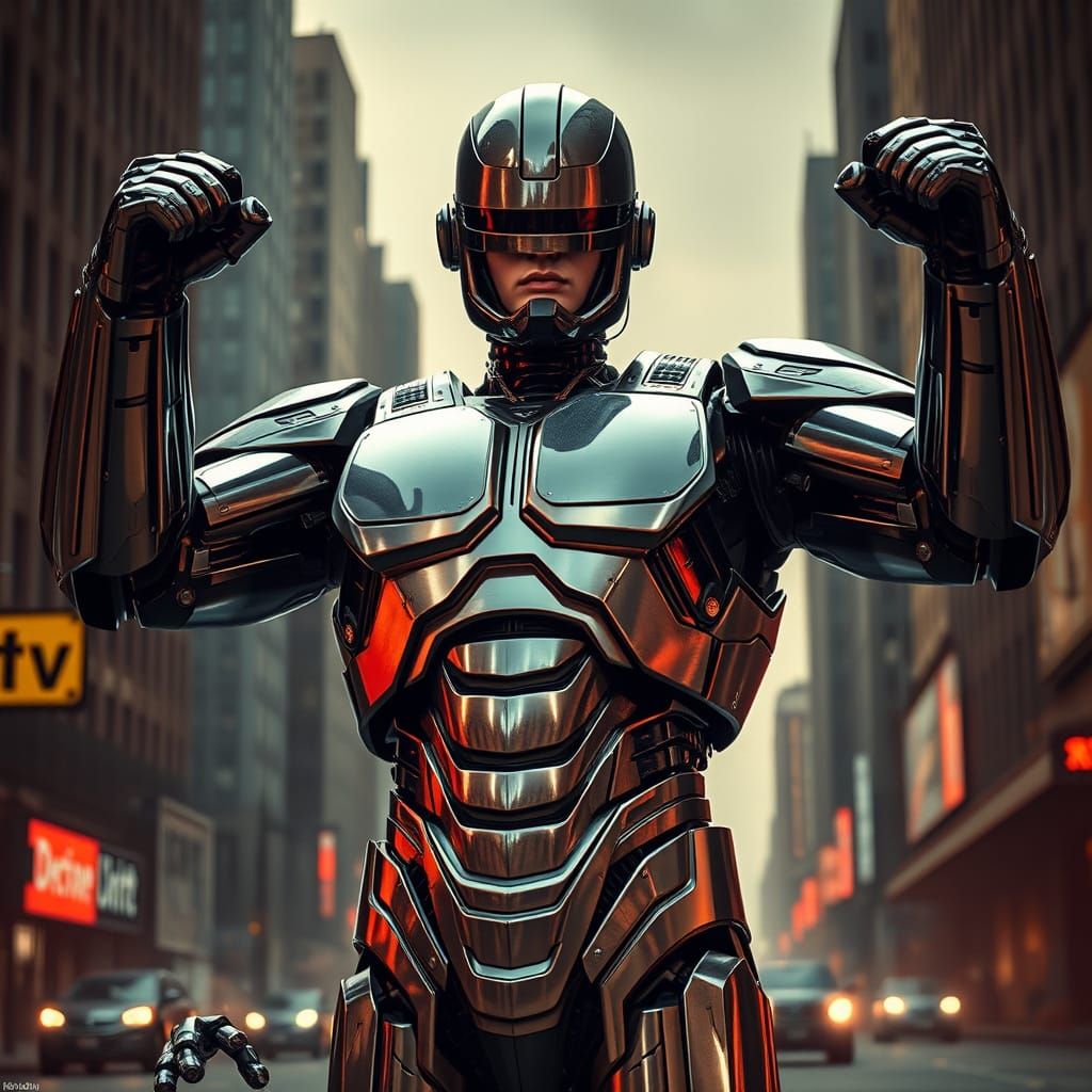 Heroic Futuristic Robocop Guards Detroit Streets
