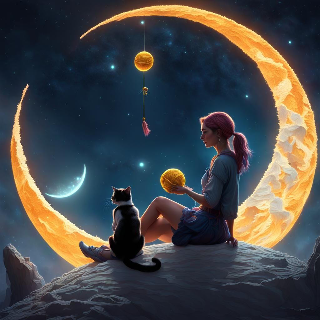 Girl on Moon with Cat, Dark Fantasy Art