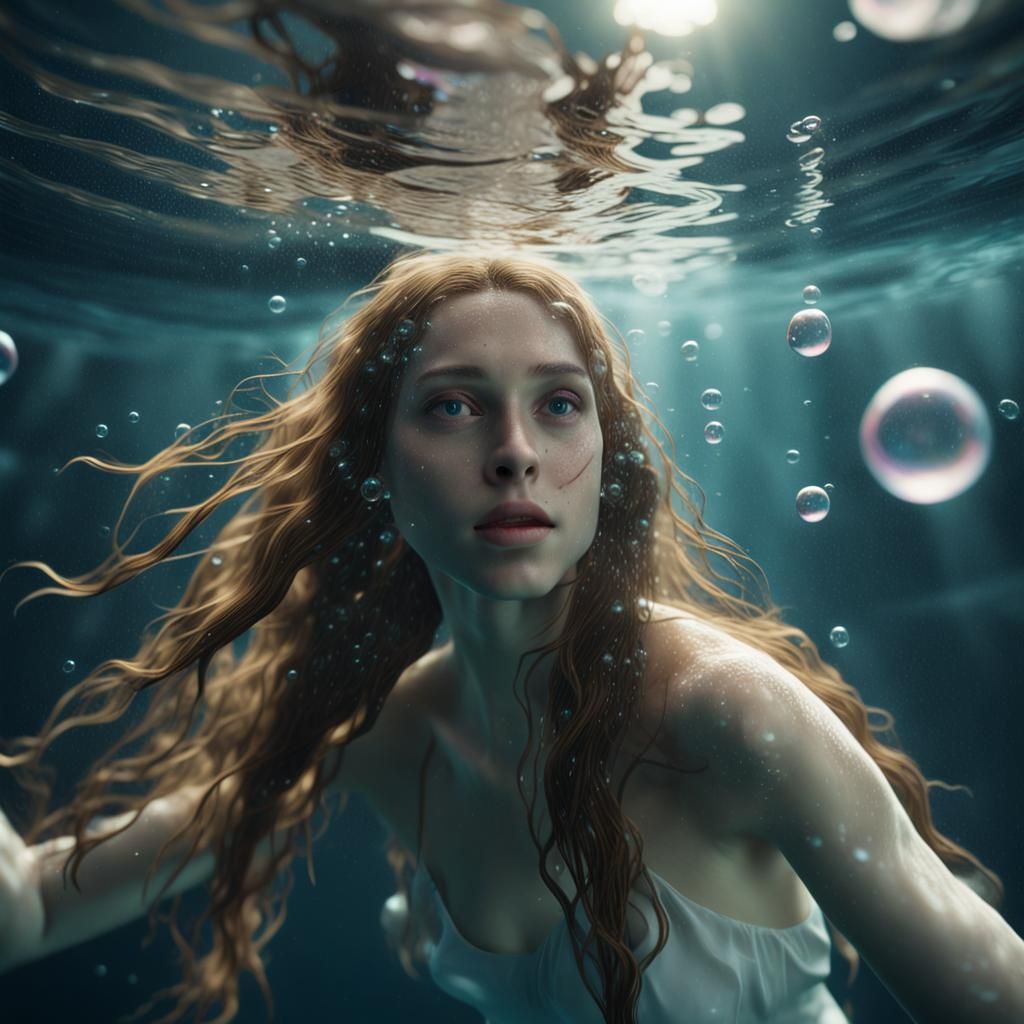 Underwater Woman Reaching for Light in Hyperrealism