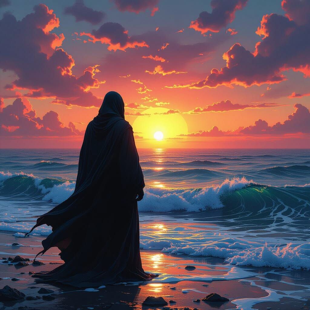 Kaleidoscopic Sunset Over Ocean with Lone Figure