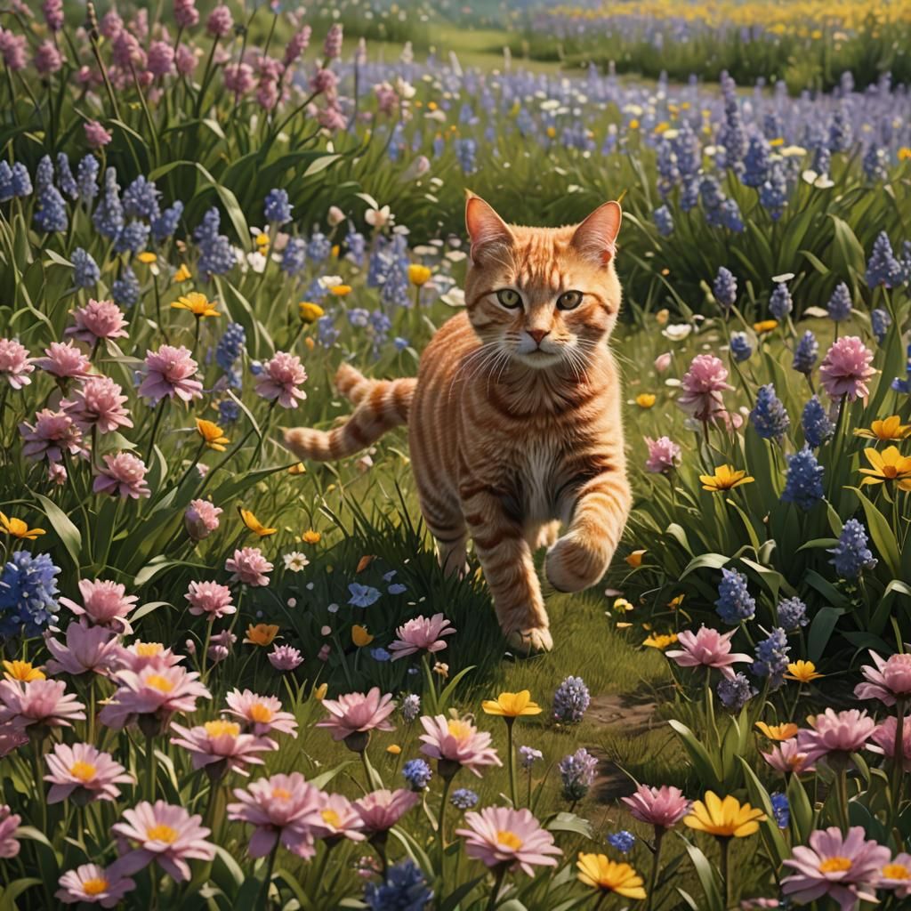 Ginger Tabby Cat in Spring Flower Field