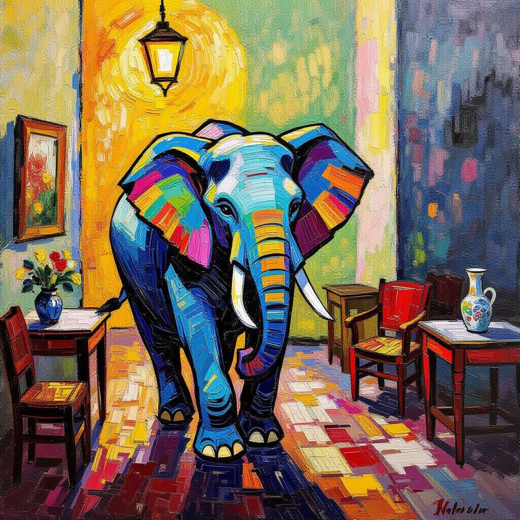 Elephant in China Shop Neo-Impressionist Impasto Painting
