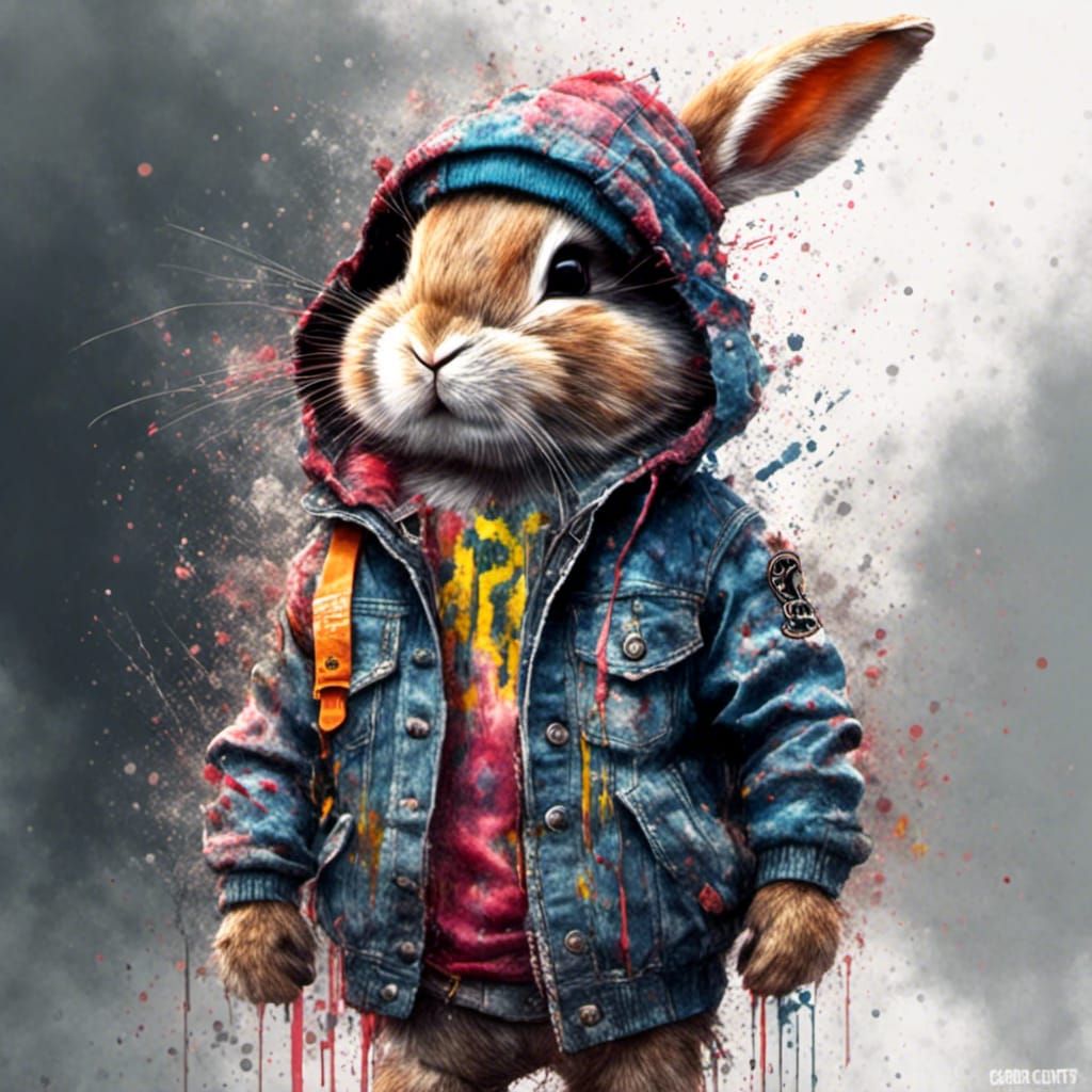 Chibi Bunny in Jacket, Watercolour Splash Art