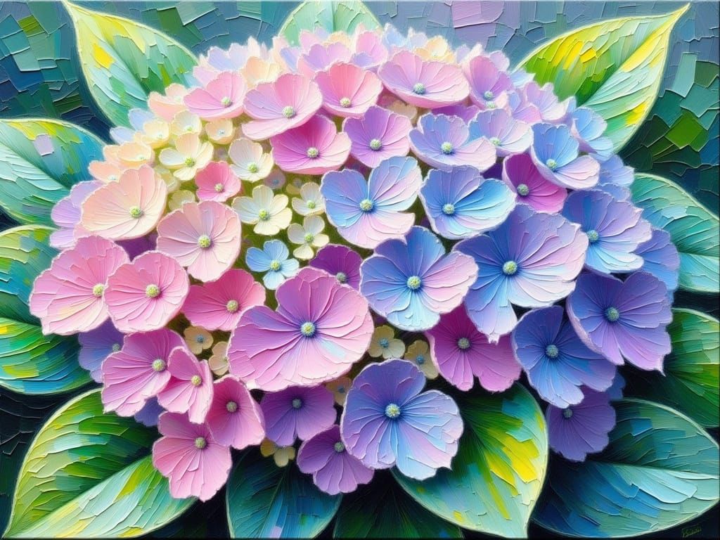 Impasto Oil Painting of Vibrant Hydrangea Flowers in Pastel ...