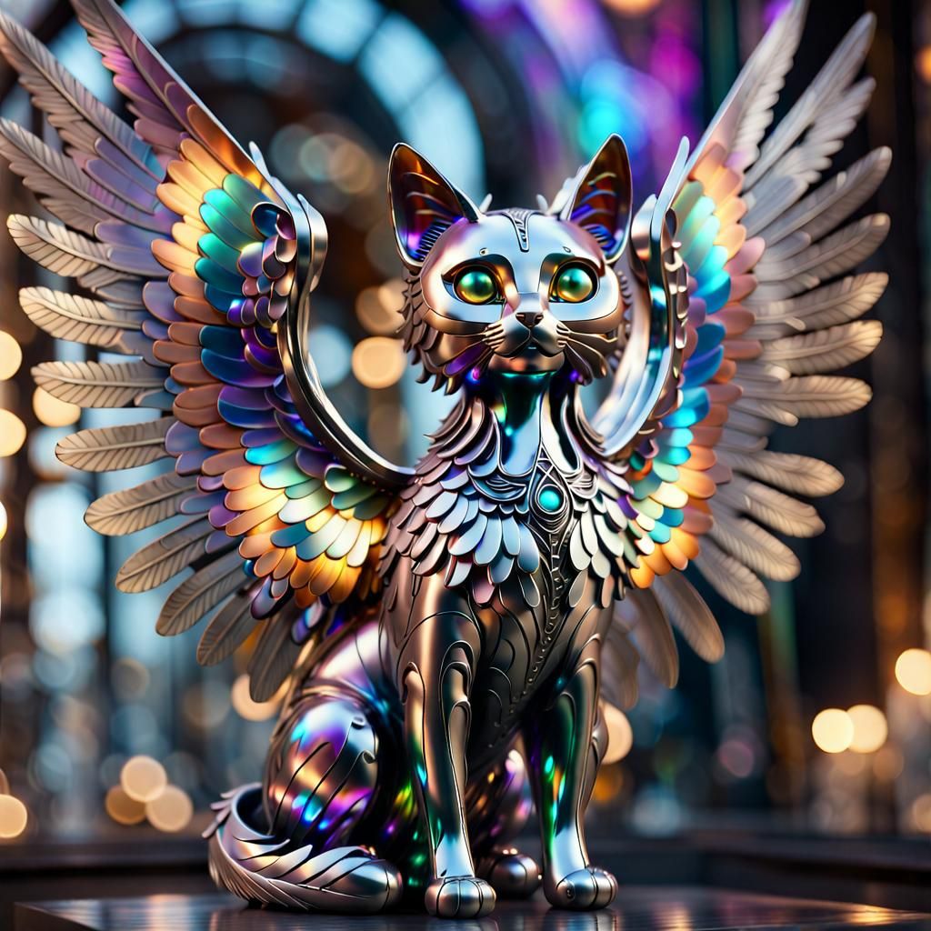 Chrome Angel Cat Metal Sculpture in 8K