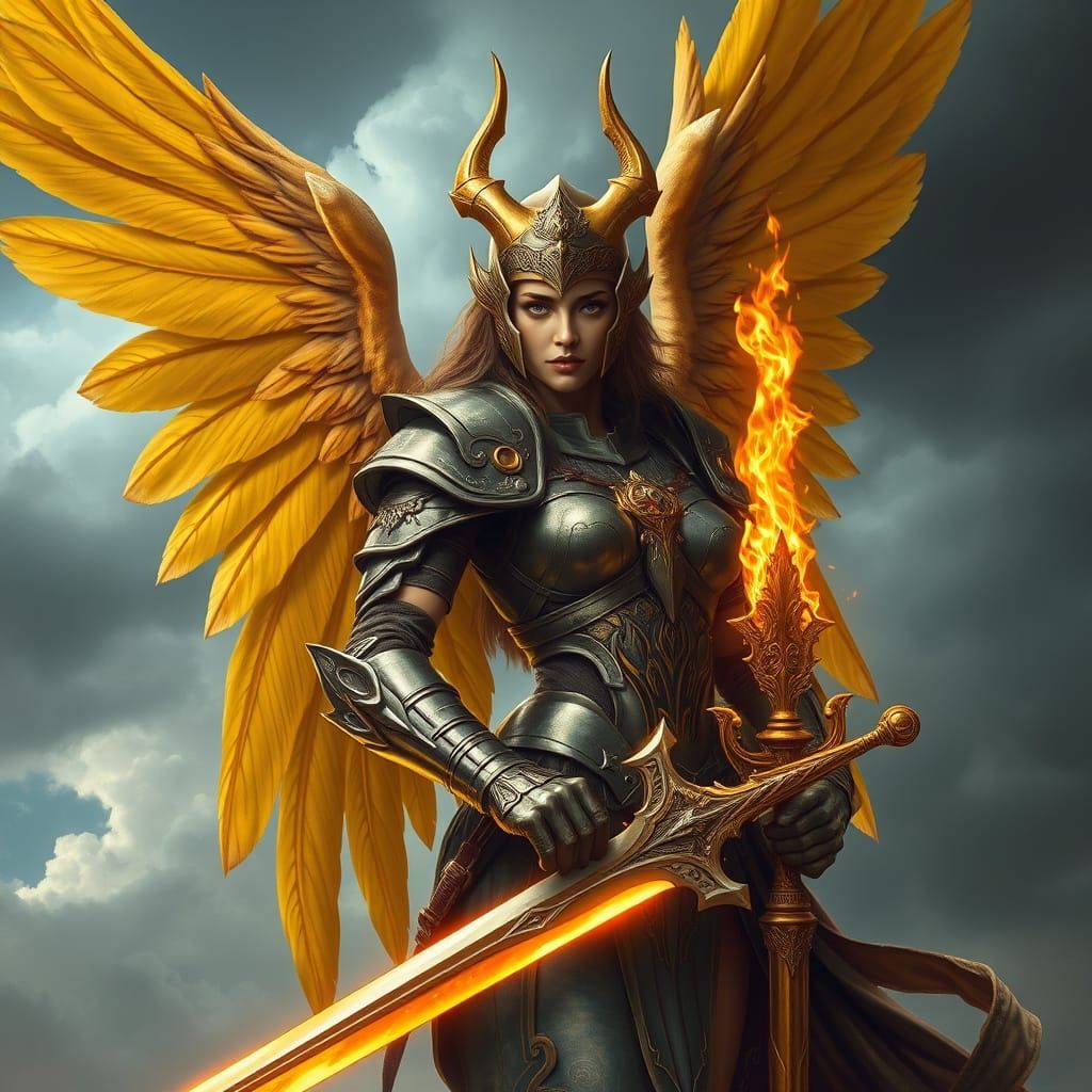 Winged Warrior with Flaming Sword in Fantasy Art