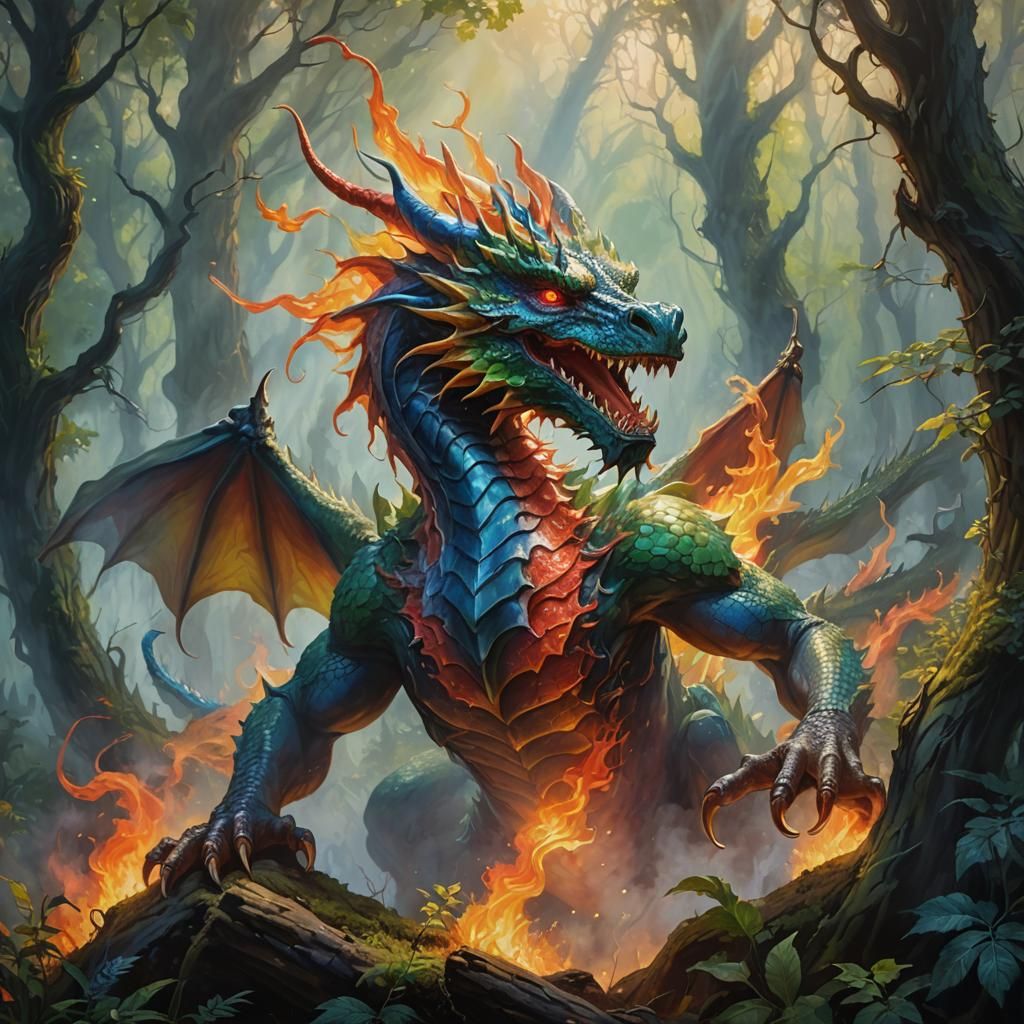 Fiery Dragon Emerges from Forest: Oil Painting