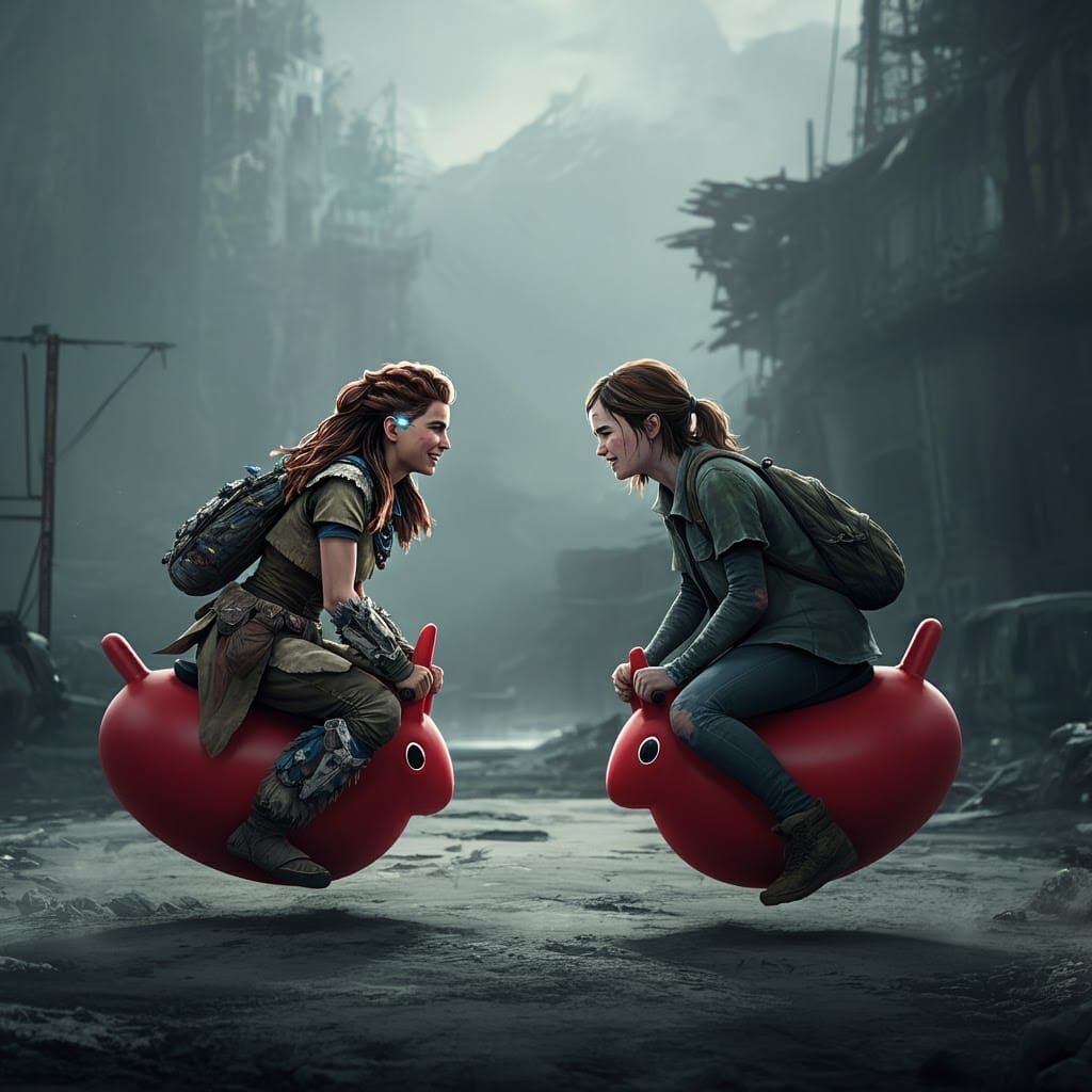 Aloy and Ellie's Carefree Joy in Hyperrealistic Post-Apocaly...