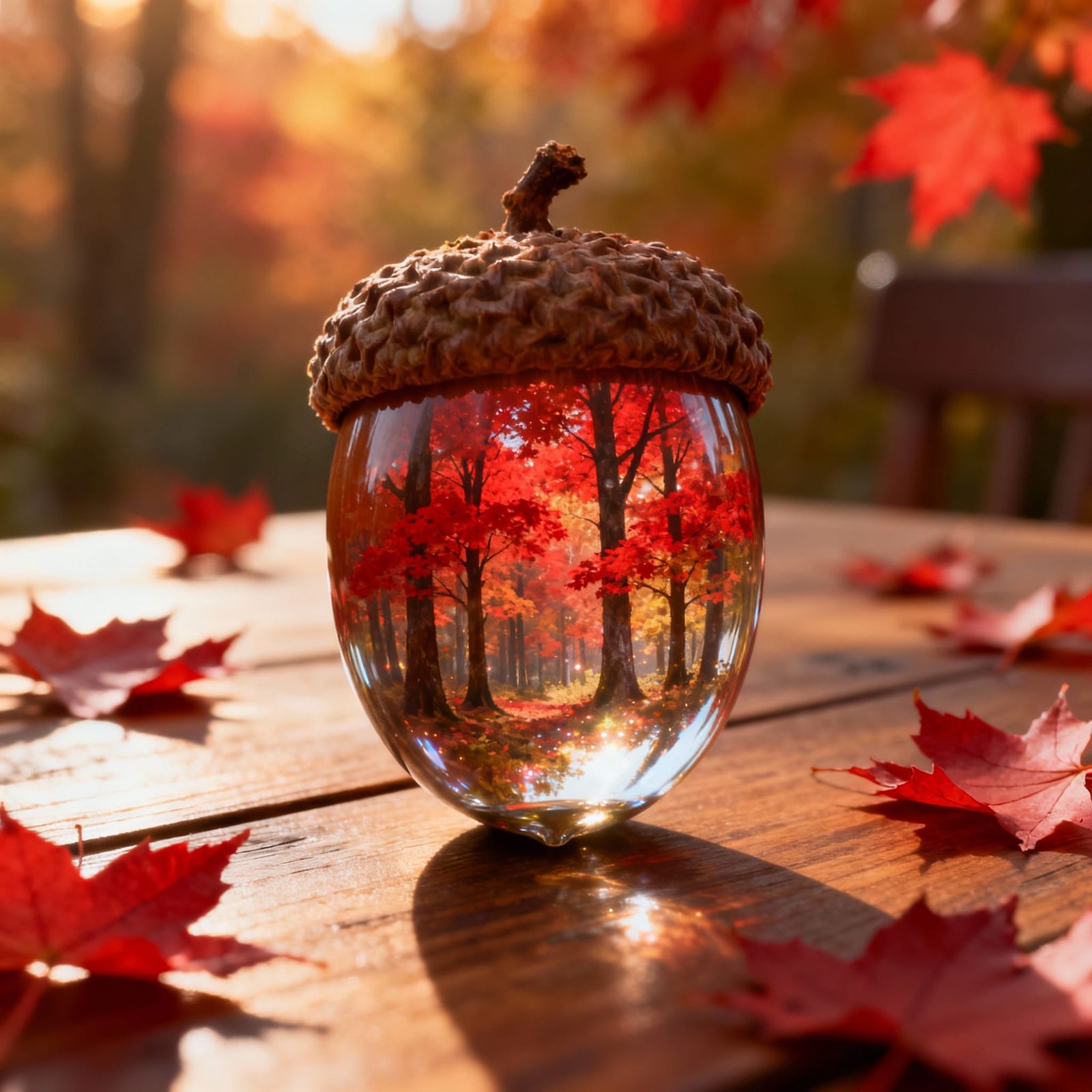 Glass Acorn Holds Autumn Forest in Golden Hour Light