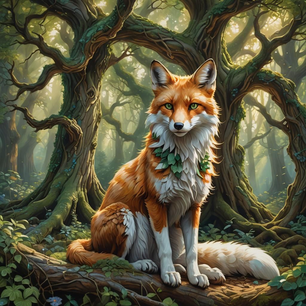 Mystical White and Green Fox in Emerald Forest