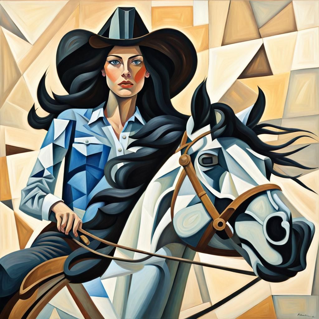 Cubist Portrait of a Cowgirl Riding a Horse