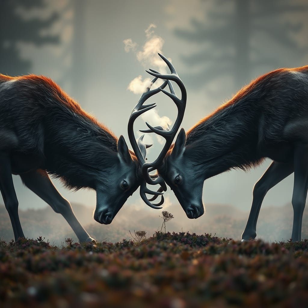 Stags Clash Antlers in Misty Forest Clearing