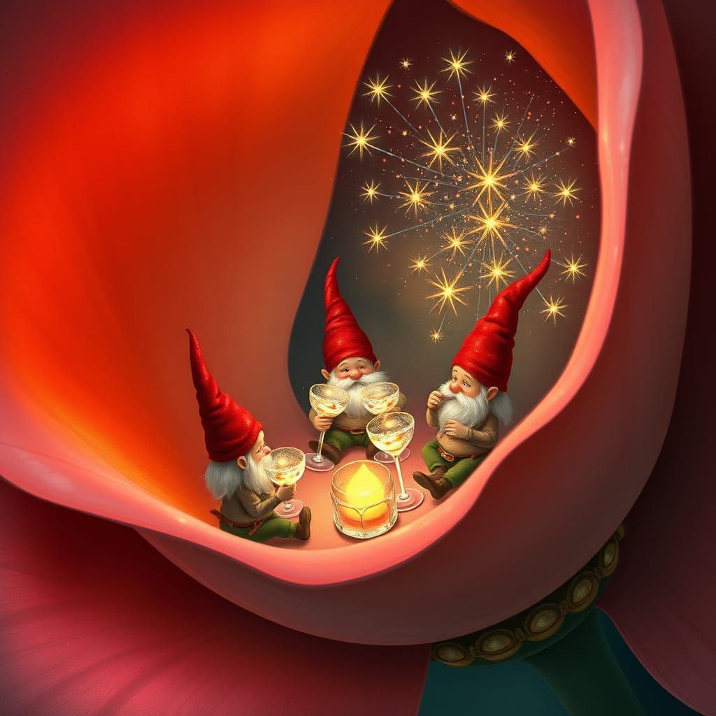 Whimsical Gnomes Gather in a Giant Flower's Cup