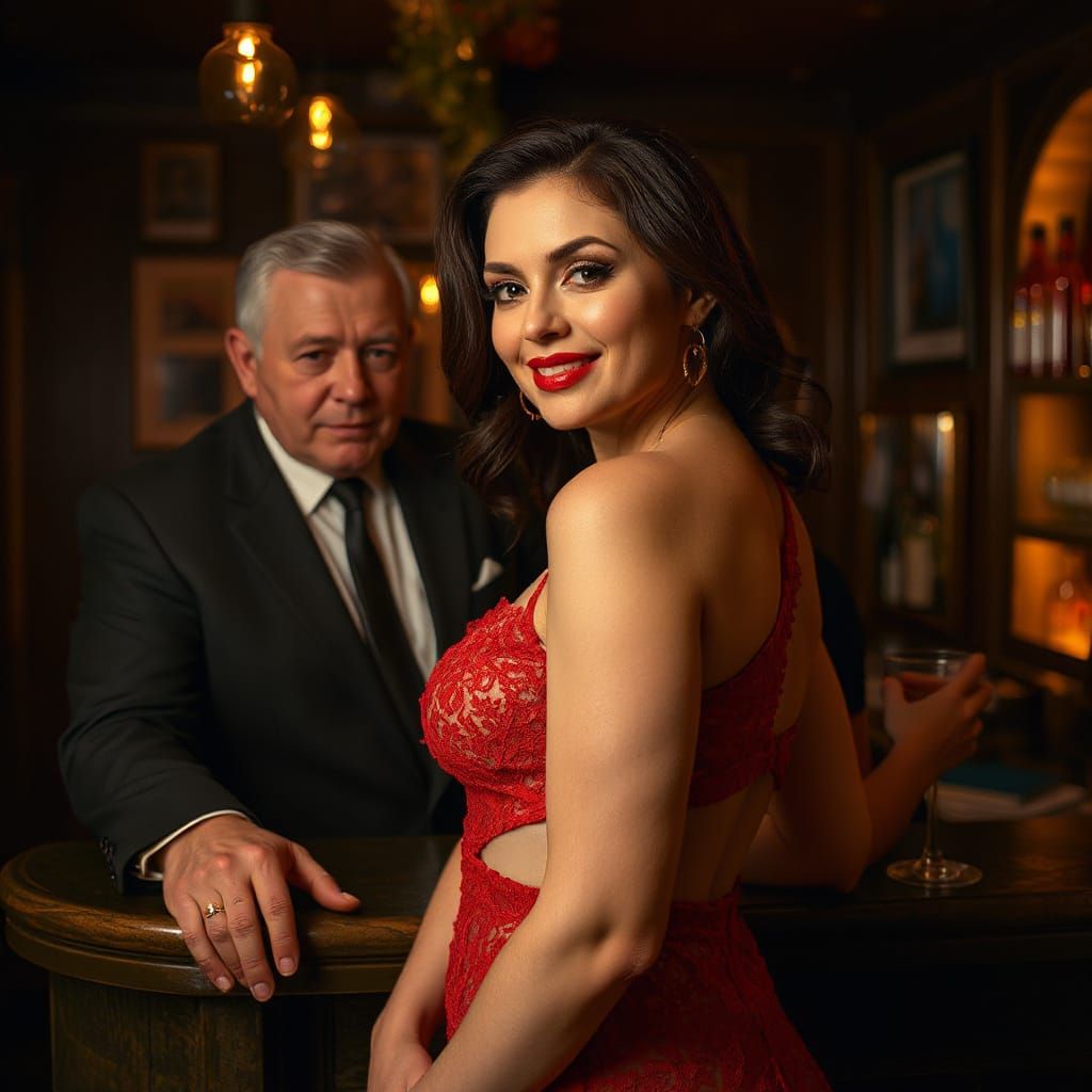 Confident Curvaceous Woman Captured in Intimate Bar Scene