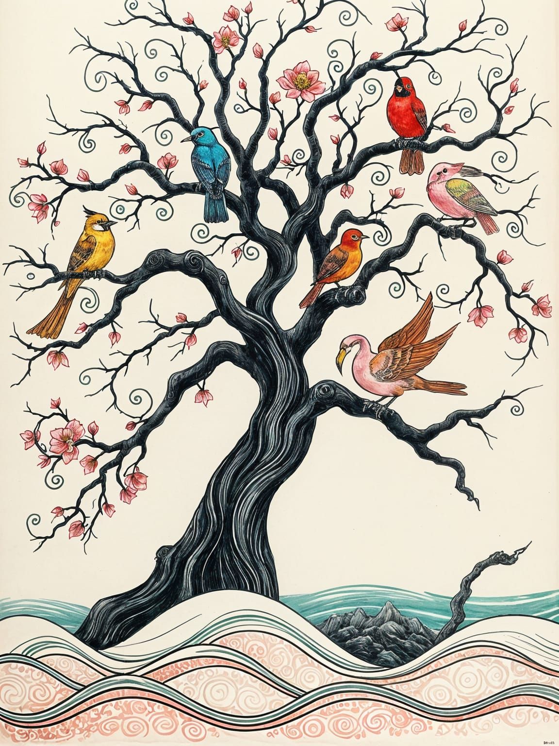 Ethereal Art Nouveau Scene with Birds and Tree by the Sea