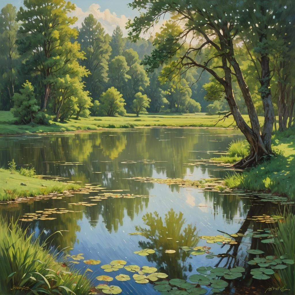 Idyllic Lake Landscape in Impressionist Style