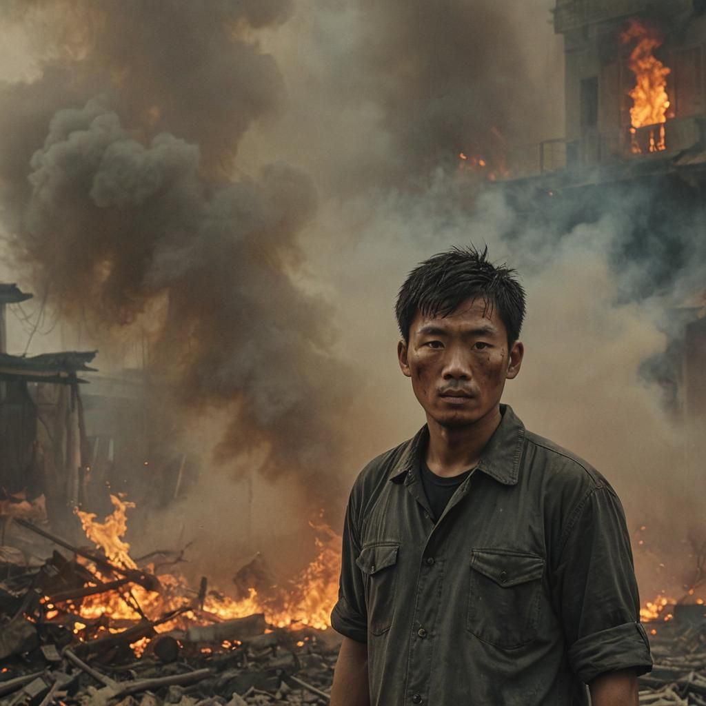 Hopeless Man Amidst Burning Riot in China