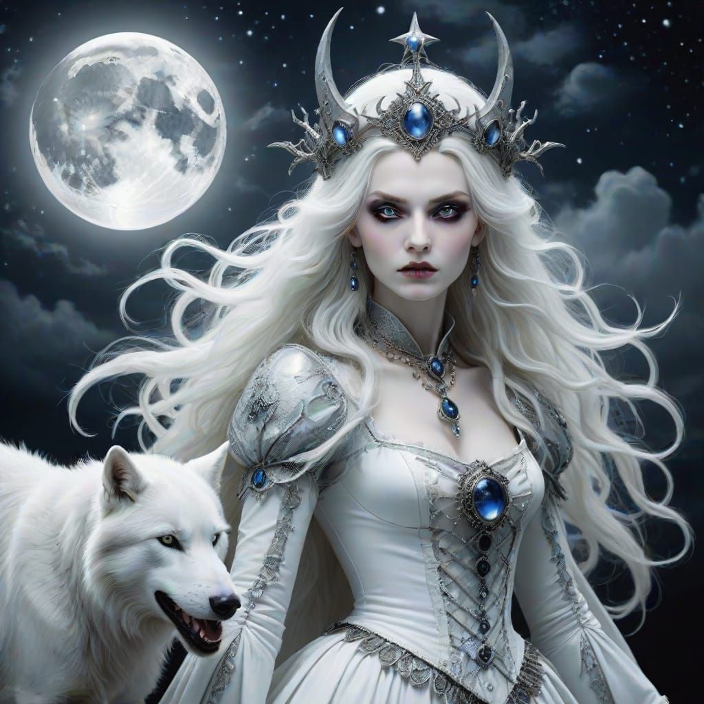 Mystical White Witch Under Moonlight