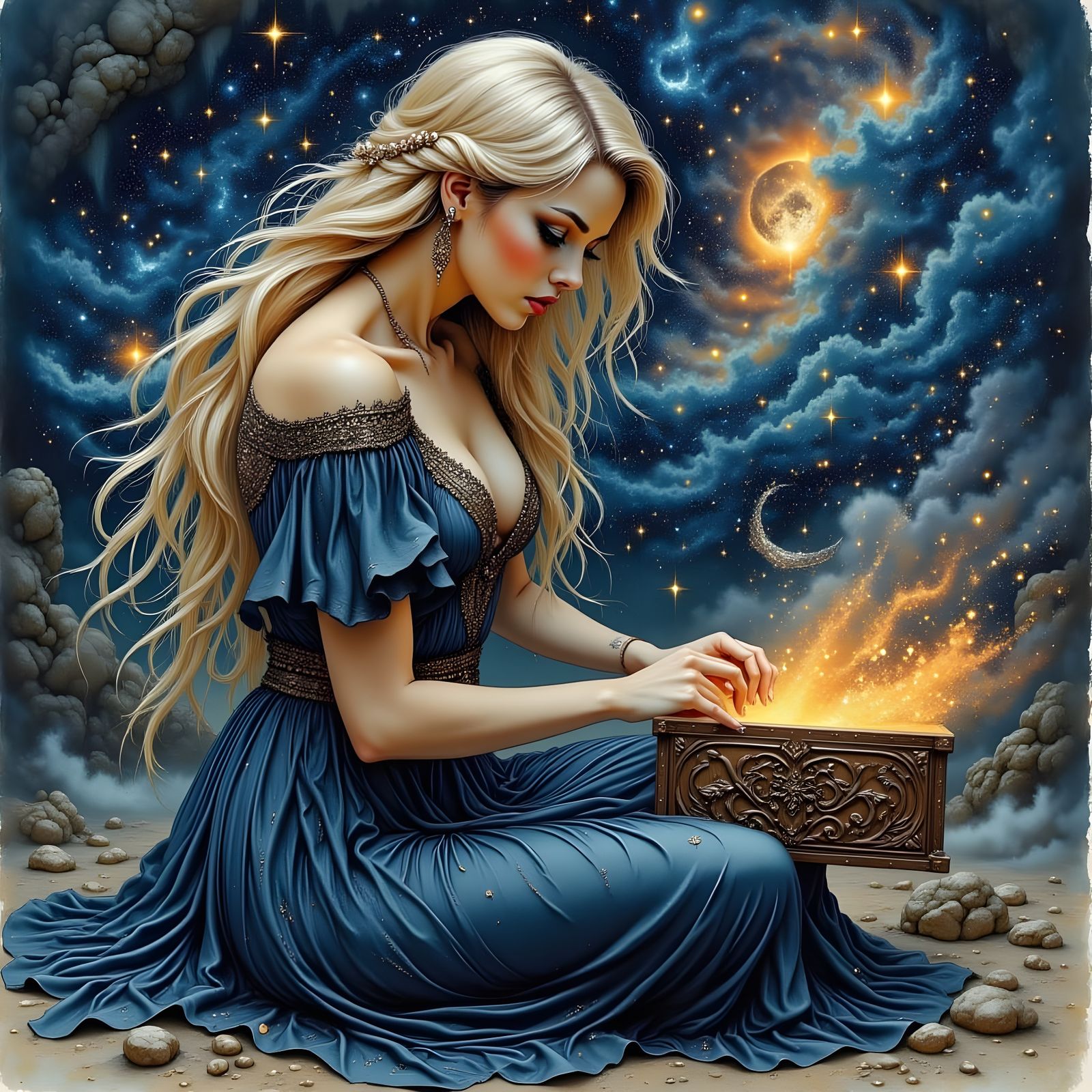 Norse Goddess Examining Cosmic Box in Smoky Mist