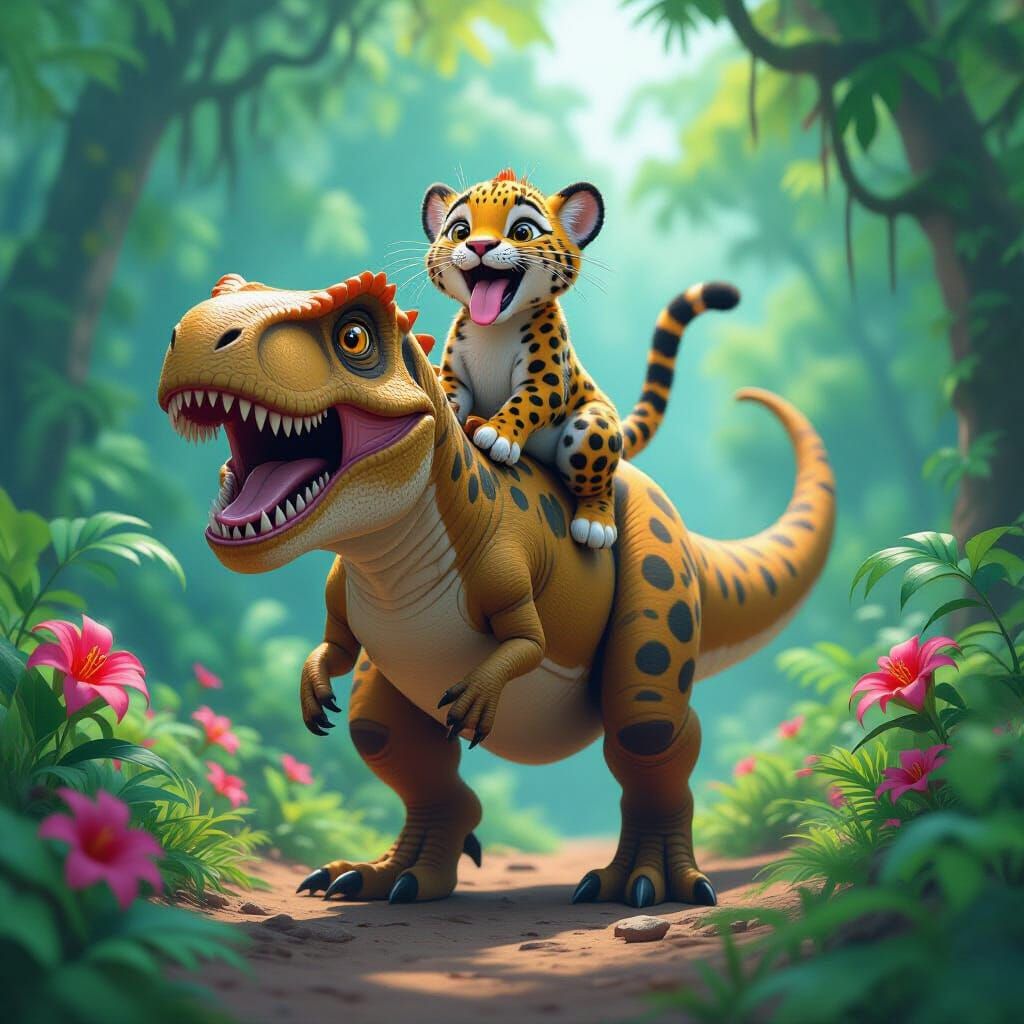 Leopard Rides T-Rex in Vibrant Rainforest, Pixar Style