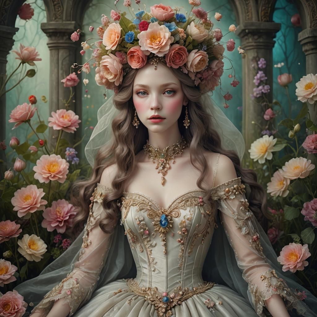 Ethereal Woman in Dream Garden: Photorealistic Portrait