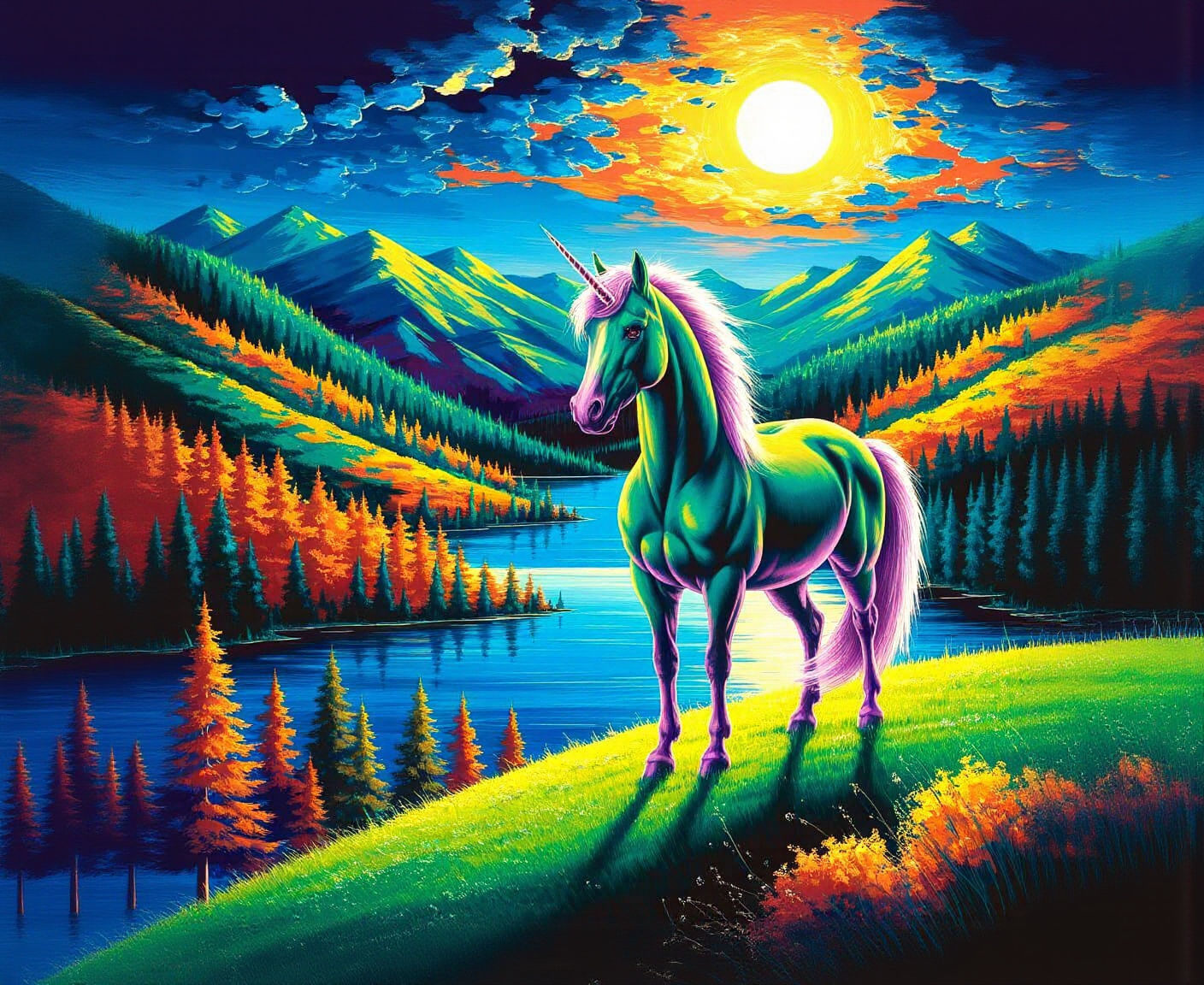 Green Unicorn Under Moonlight in Vibrant Oil Painting