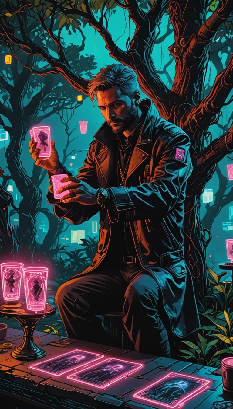 Cyberpunk Tarot Card: Four of Cups in Neon