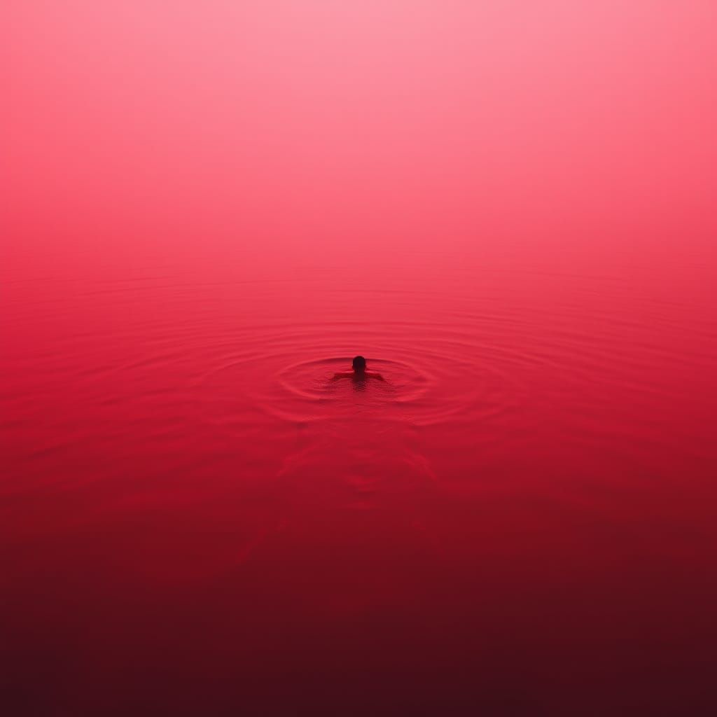 Crimson Ocean: Solitary Swimmer in Surreal Dreamscape