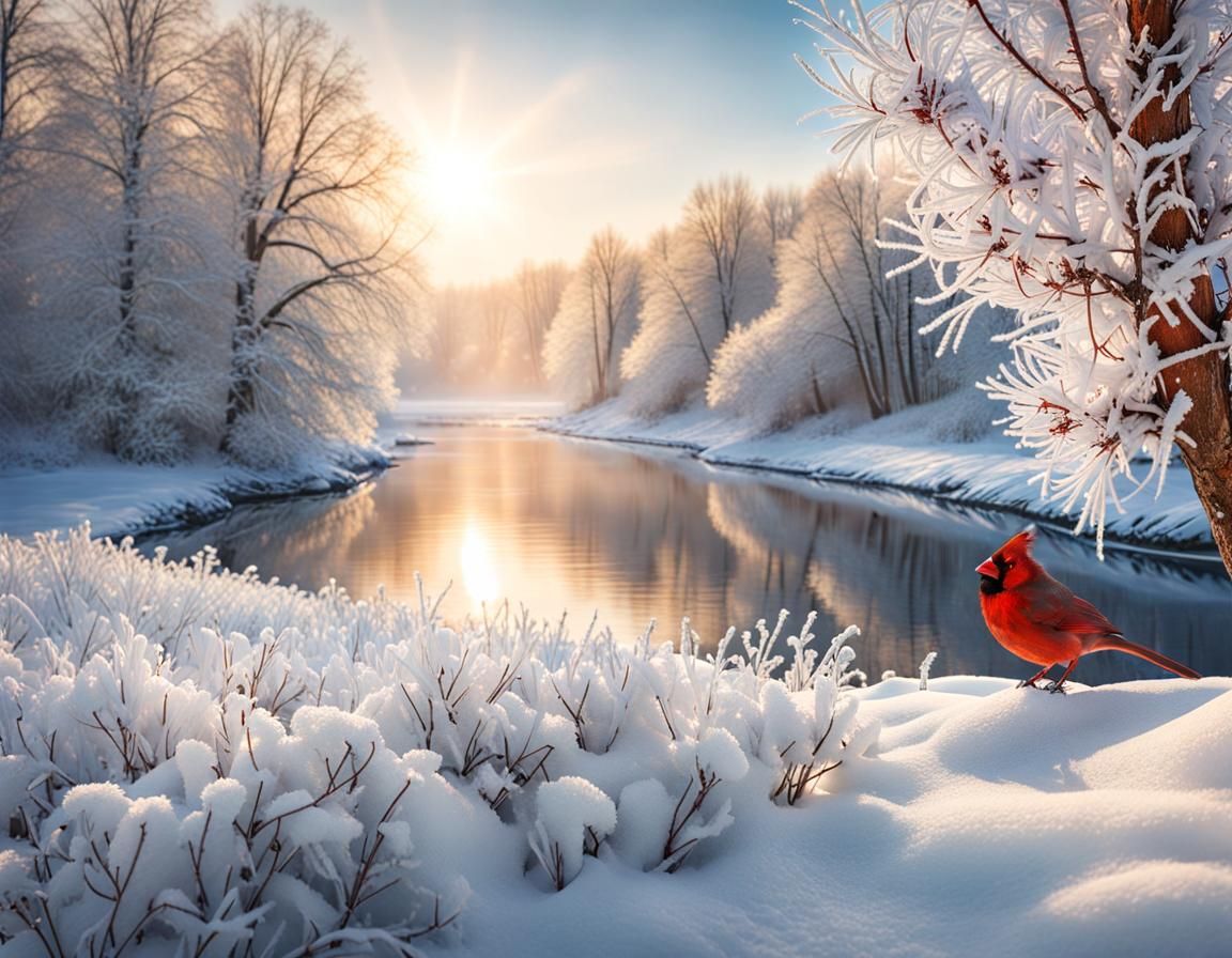 Winter River Landscape with Cardinal in Photorealistic Style