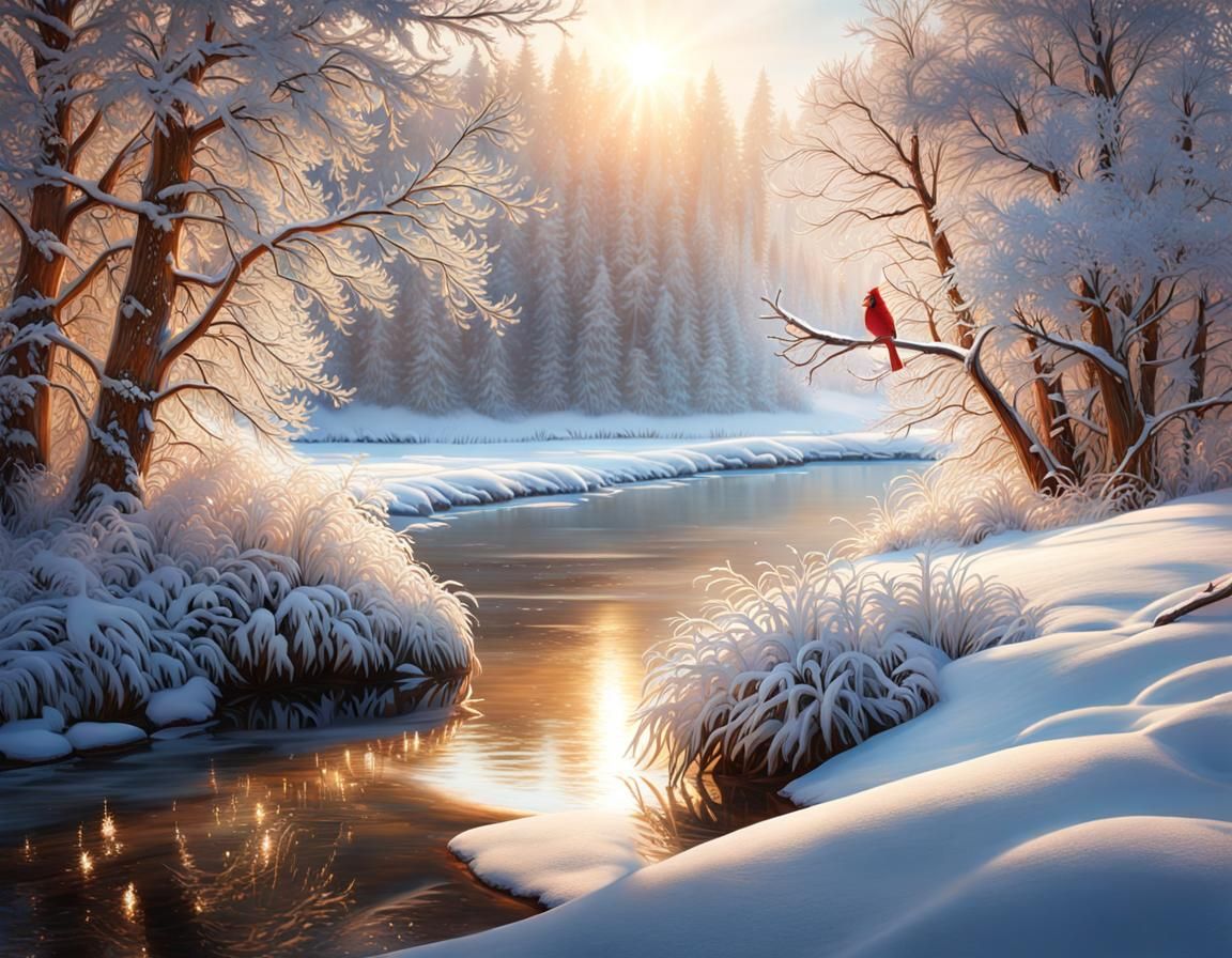 Winter River Landscape with Cardinal: Photorealistic Art