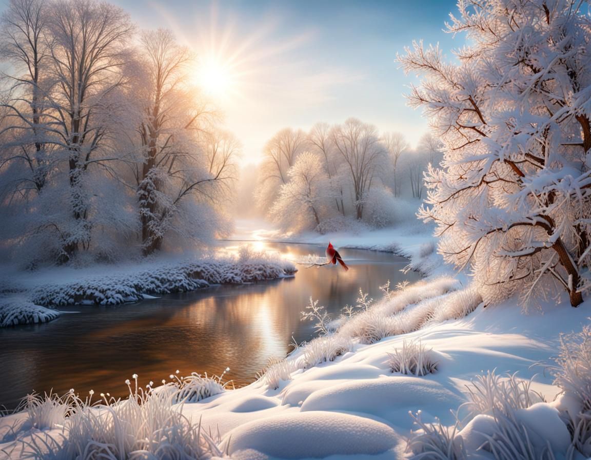 Winter River Landscape with Cardinal in Photorealistic Style