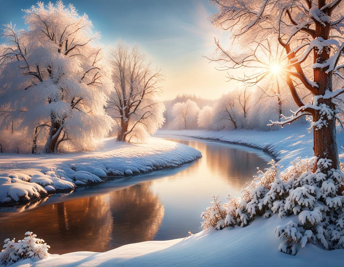 Winter River Landscape with Cardinal: Photorealistic Art