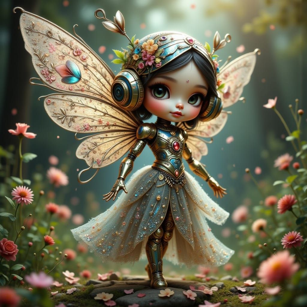 Elegant Elf Cyborg Robot in Floral Metal Body