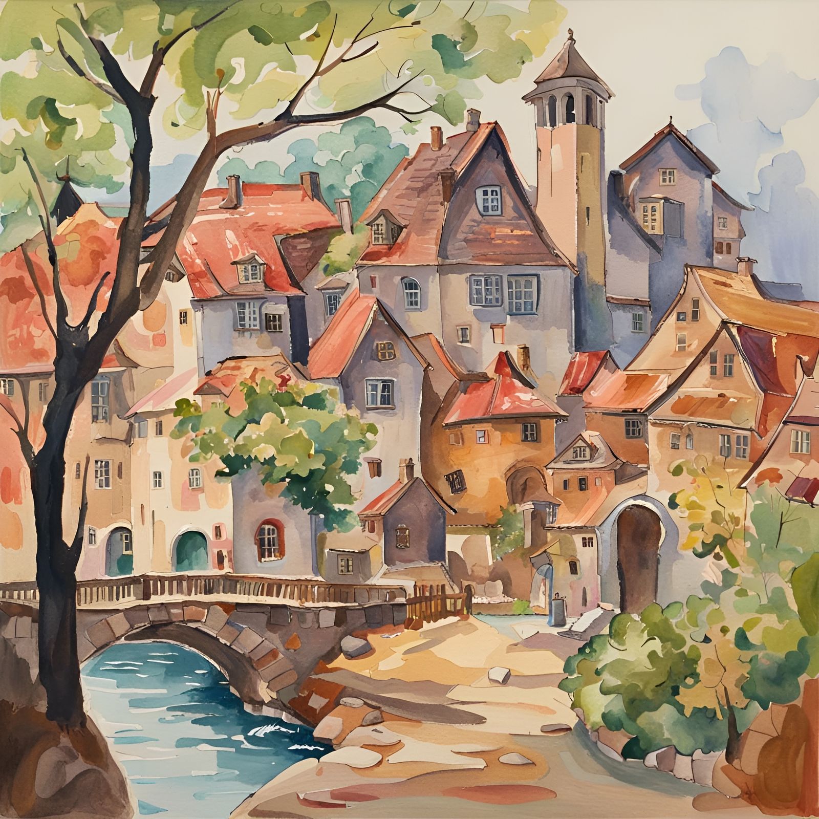 Medieval Town in Gouache Style Watercolor