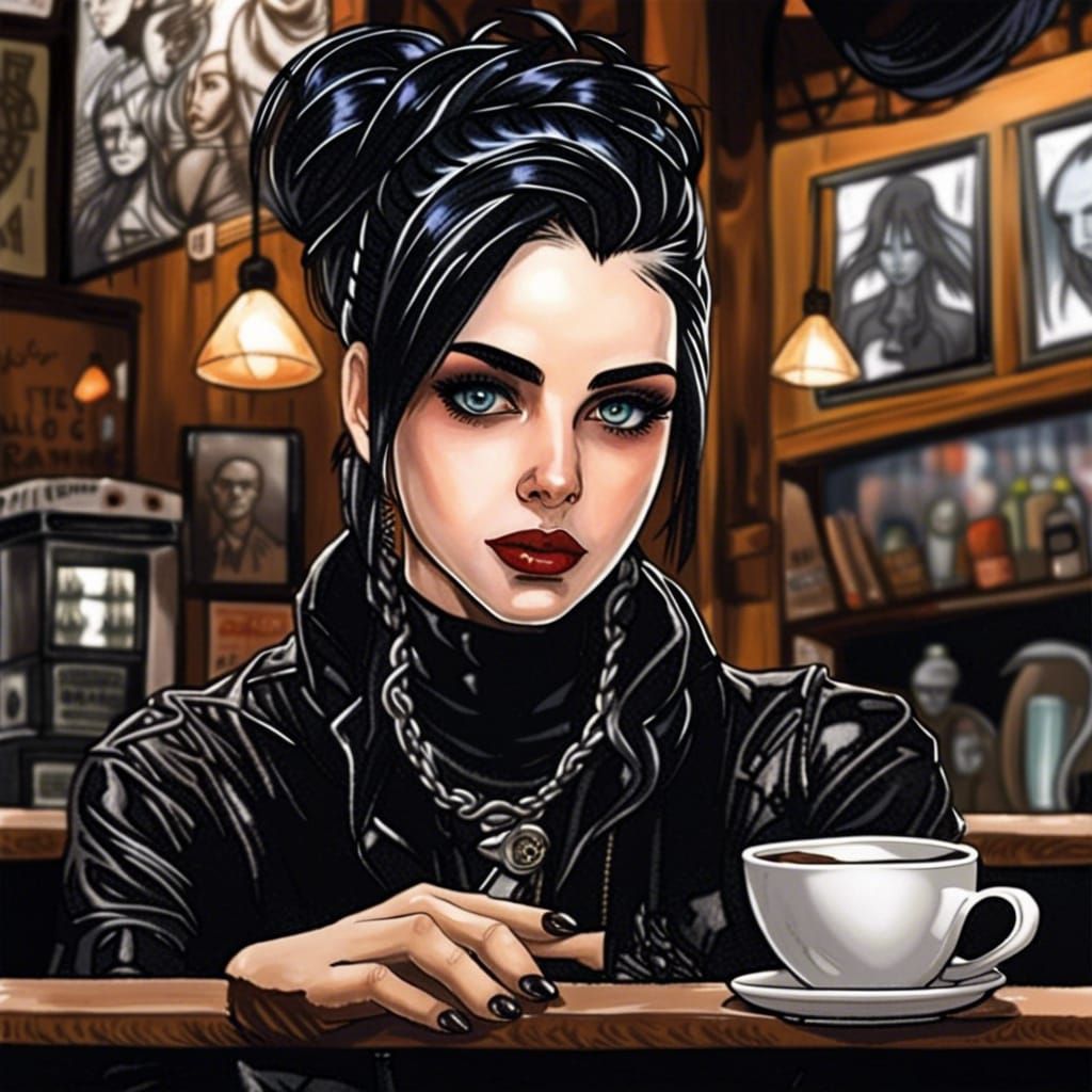 Goth Girl in Coffee Shop: Anime Portrait