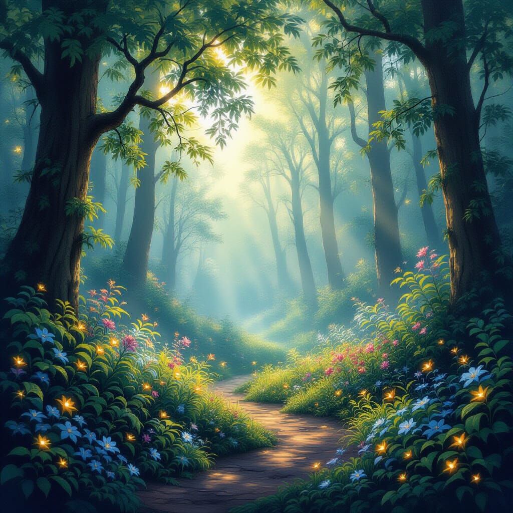 Enchanted Forest Clearing in Ethereal Mist