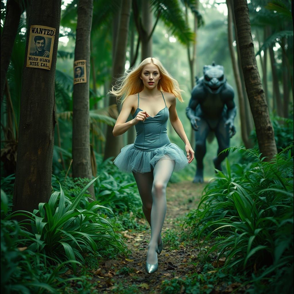 Skarlett, Margot, grey shiny pantyhose, running through the jungle, ballerina shoes, chased by a Monster, Wanted posters...