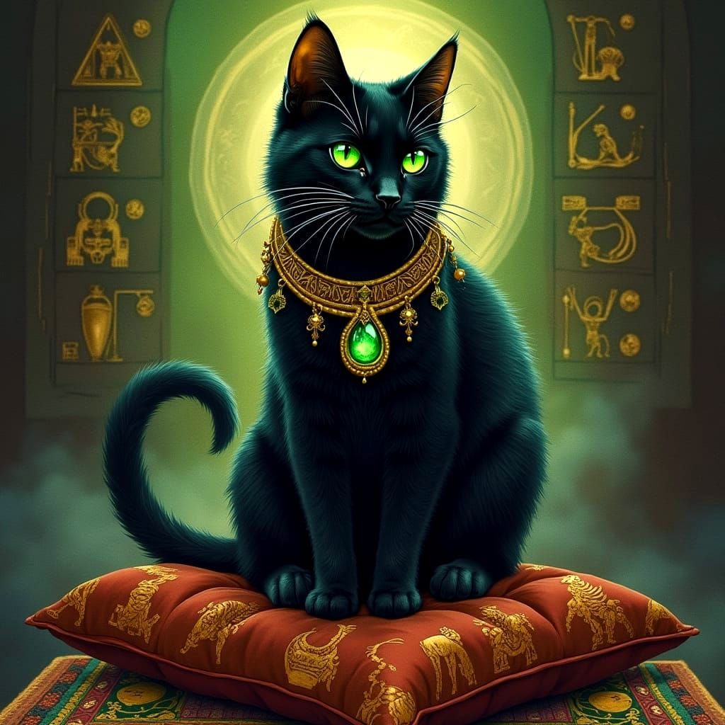 Mystical Black Cat with Emerald Eyes in Watercolor